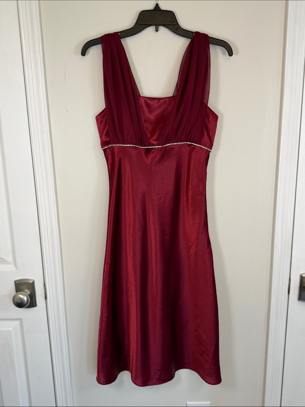 F.I.E.S.T.A. 90s Vintage Burgundy Satin Midi Dress Medium Rhinestone Grecian